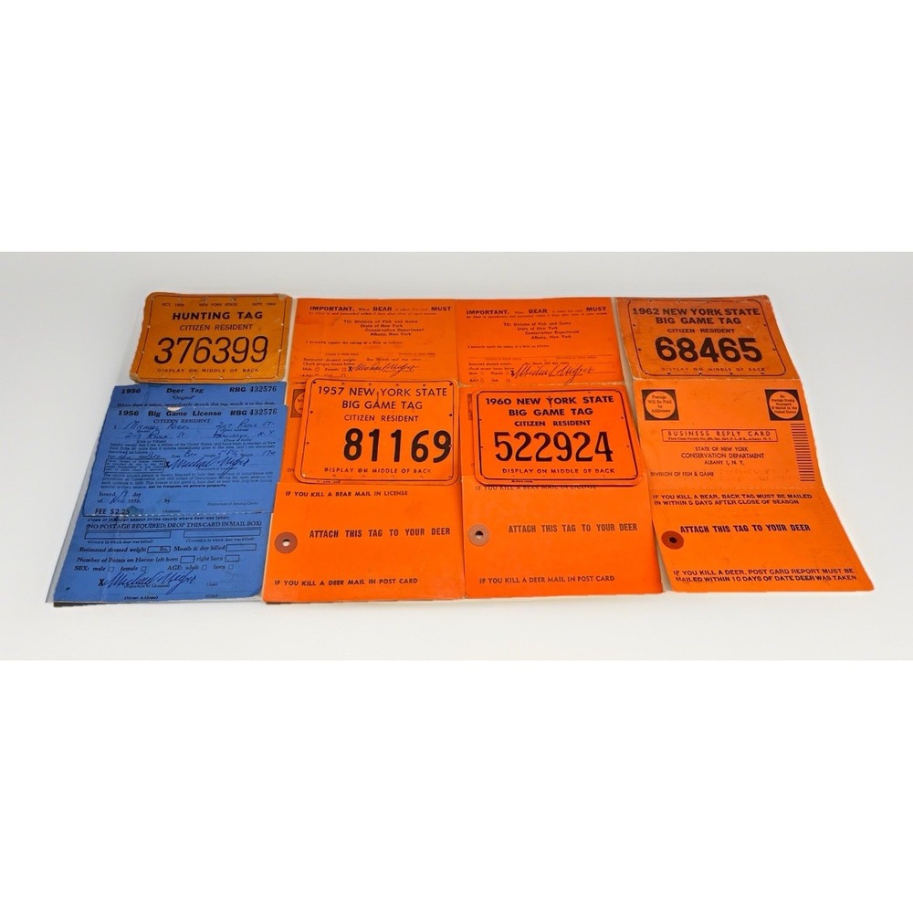 Vintage NYS Big Game Hunting Tags Lot 1956–1962 Deer Bear License Paper Ephemera